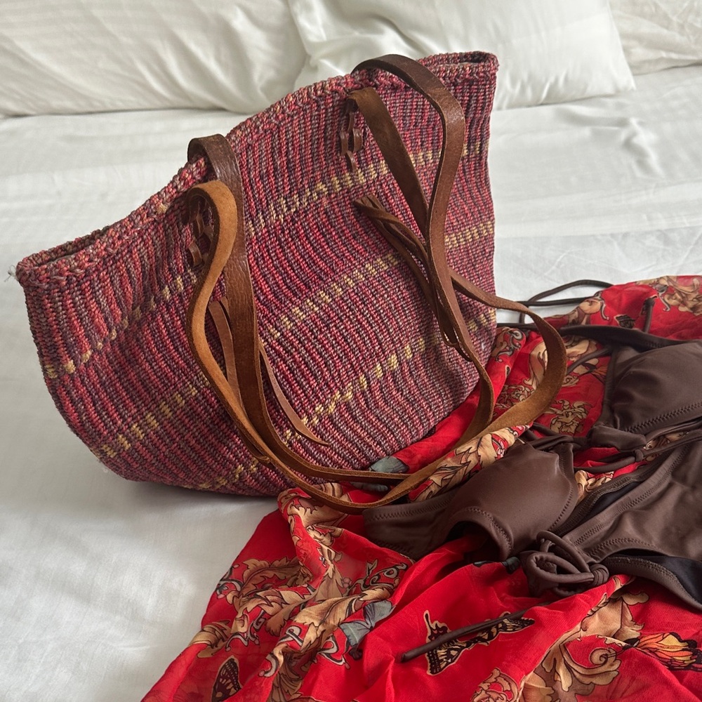 Vintage Red and Brown Woven Tote Bag